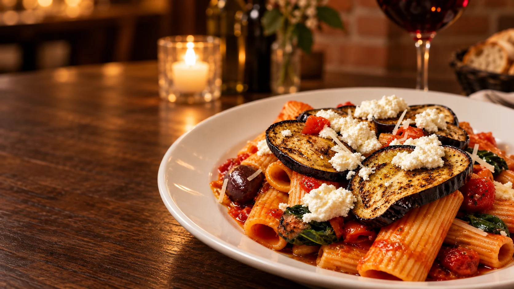 Editorial interpretation of L’Opera’s rigatoni and aubergine, served by candlelight