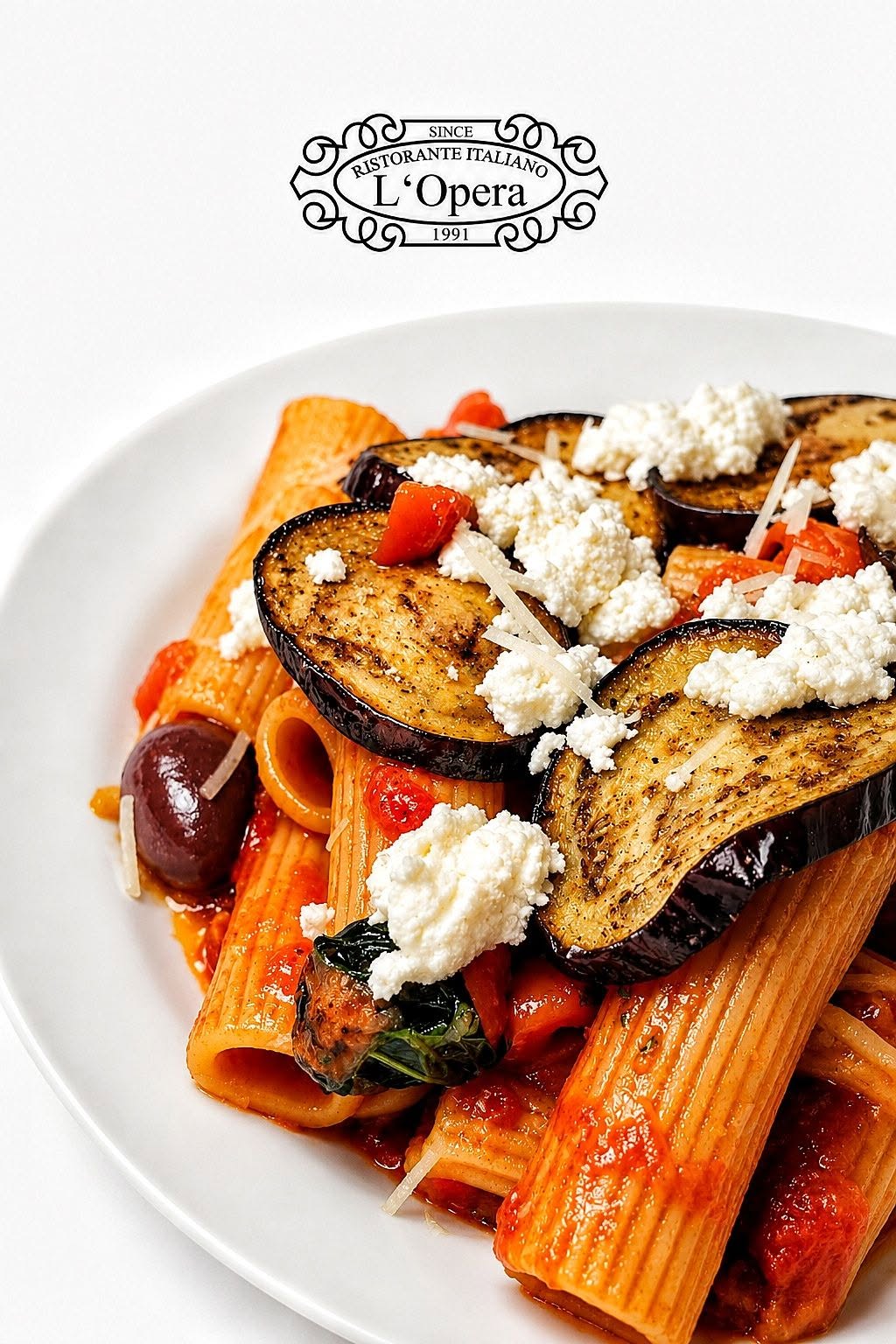 Rigatoni with grilled aubergine from L’Opera’s September 2026 photography